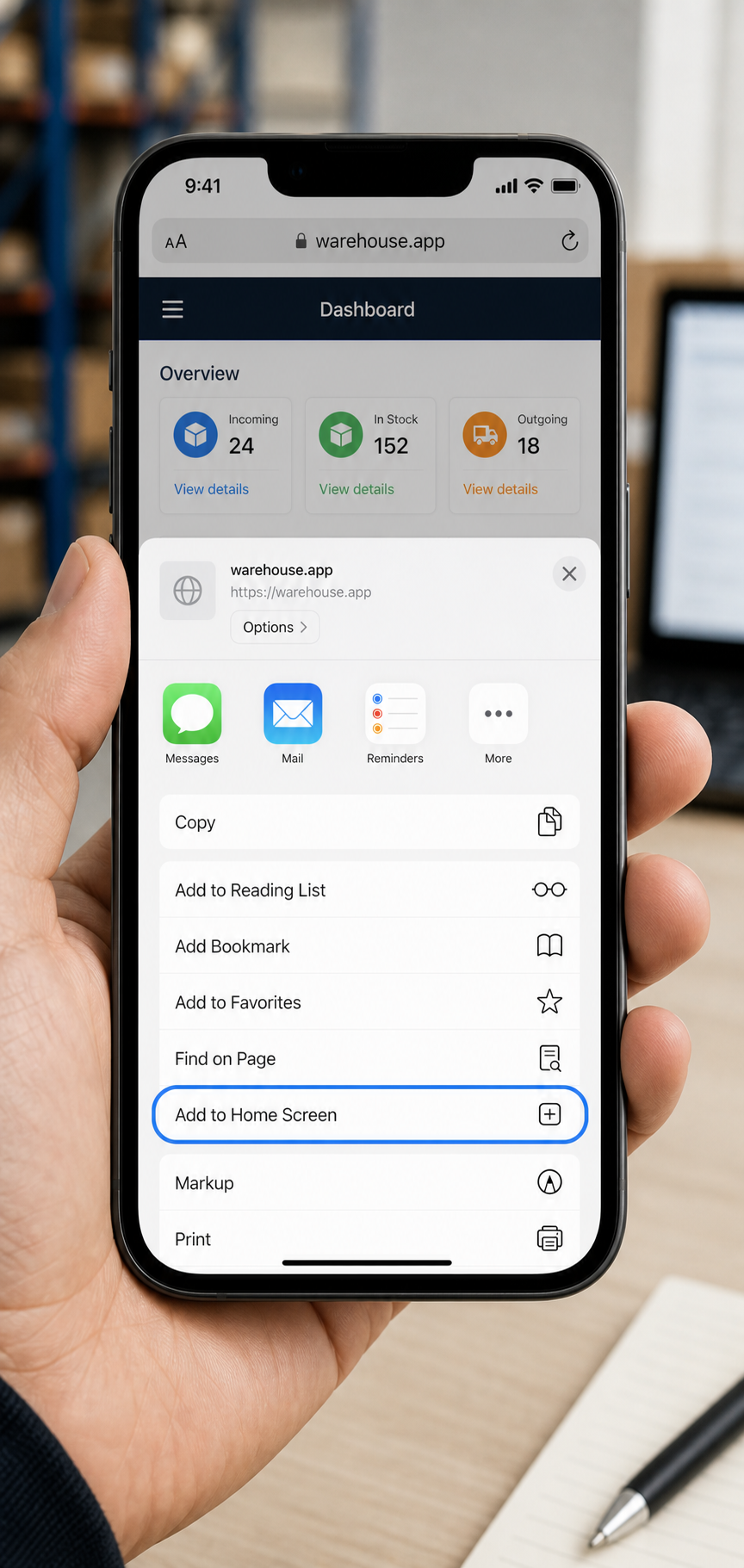 iPhone Safari-meny som visar Lägg till på hemskärmen